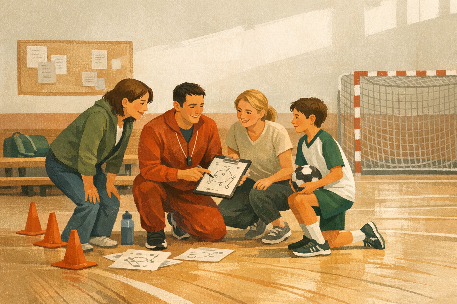 Illustrasjon av foreldre, trenere og spillere samlet rundt en felles plan i hallen